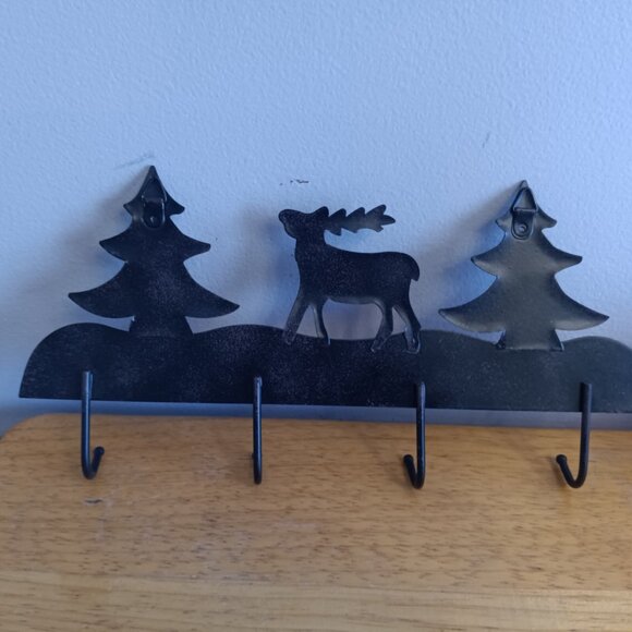 Woodland Metal Elk Wall Hook Home Rustic Cabin Decor 4 hooks Pine Trees 10"x4" - Picture 4 of 4
